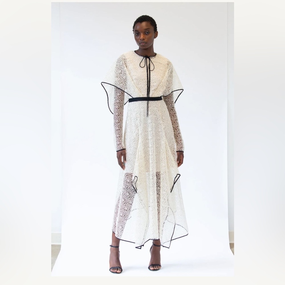 Bibhu Mohapatra Guipure Lace Dress with Wing Cape and Ribbon Belt